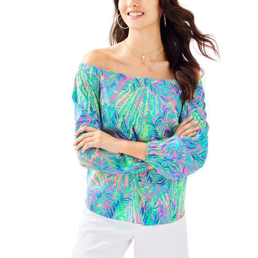 new Lilly Pulitzer Adira Silk Off The Shoulder Top Pink Sunset Size Small